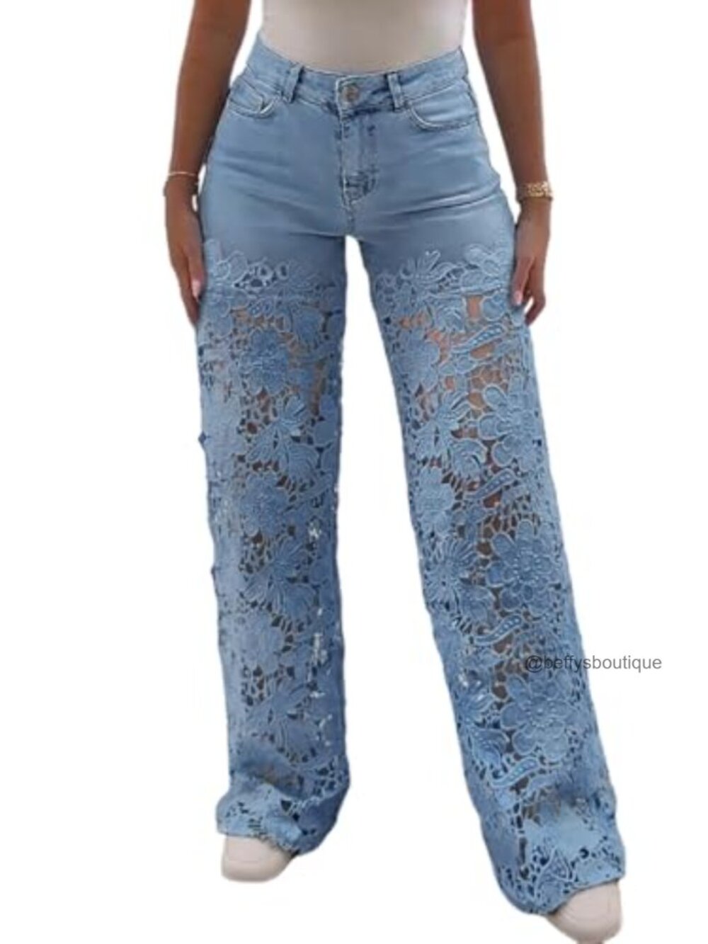 High Waist Lace Spliced Zipper Wide Leg Jeans
